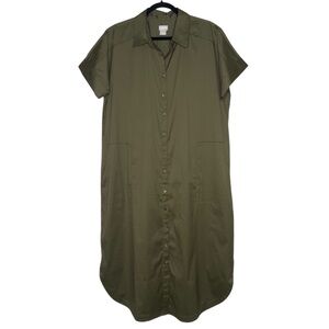 Chico's Poplin Utility Midi Shirtdress L Olive Button Dress Classic Lagenlook